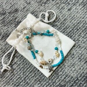 Turquoise & White Seashell Beaded Silver Starfish Charm Anklet ✨